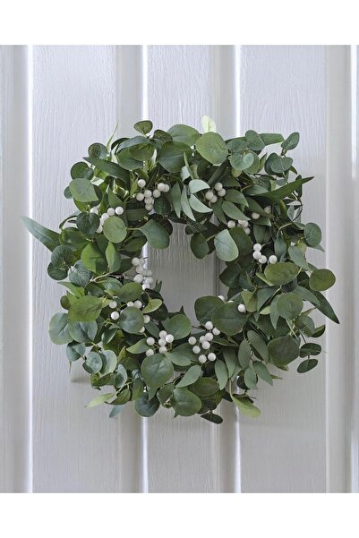 PARTİ SEPETİ إكليل باب عيد الميلاد من جينجر راي باللون الأبيض والأوكالبتوس 55 سم