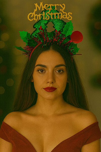 Jaida Moda Γυναικεία πρωτοχρονιάτικη κορώνα με πράσινη φιγούρα πεύκου και γράμματα χαρούμενα Χριστούγεννα