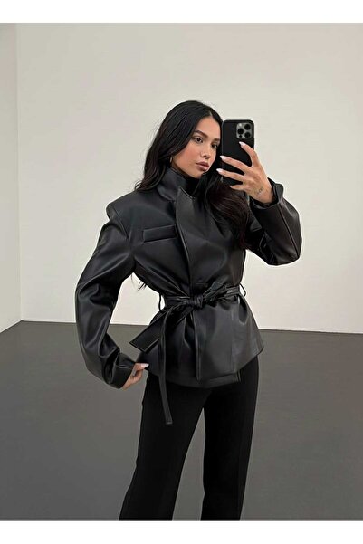 SUN STYLE Kadın KUŞAKLI VATKALI DERİ ASTARLI CEKET