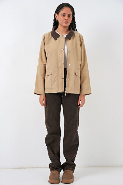 Bigdart Women's Pocket Detailed Oversized Jacket 5973 - Beige