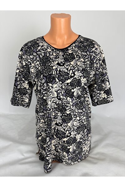 YAŞAR TRİKO Women's Blue U-Neck Short Sleeve Floral Pattern Slit Woven Viscose Mother Combed Cotton T-Shirt