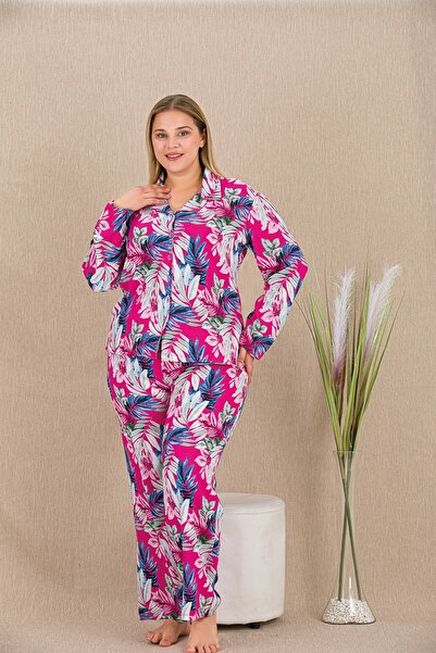 lidofya Buttoned Belmando Viscose Multi-Colored Fuchsia Plus Size Pajama Set