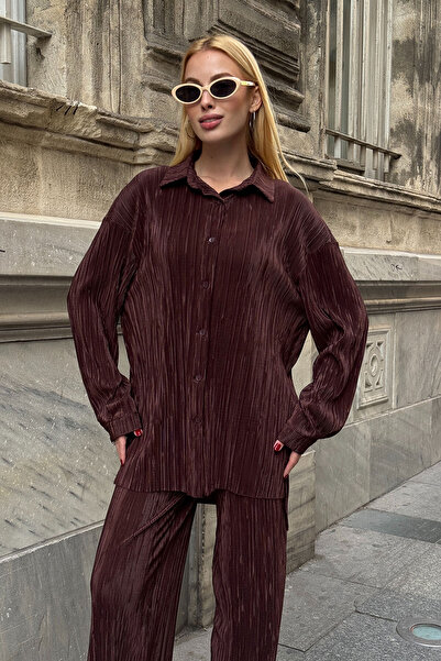 bacc Brown Shirt and Palazzo Pants Pleated Fabric Woven Bottom Top Set Bcvl-25V236