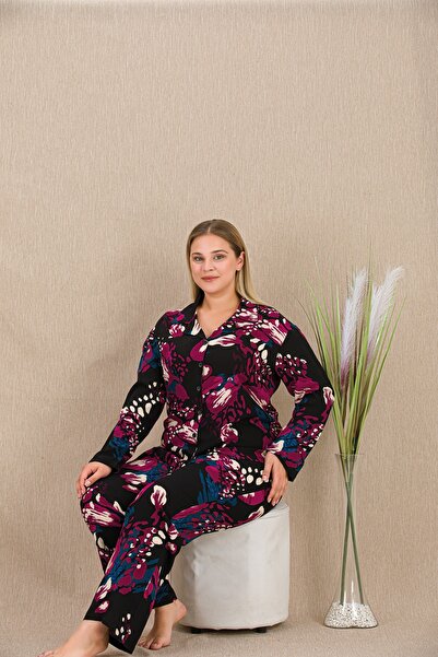 lidofya Buttoned Belmando Viscose Multi-Colored Plus Size Pajama Set