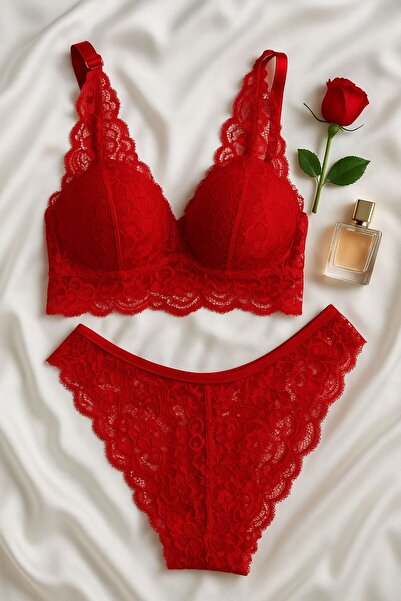 cdh çeyize dair herşey Premium Red Lace Detailed Unpadded Bralette Set