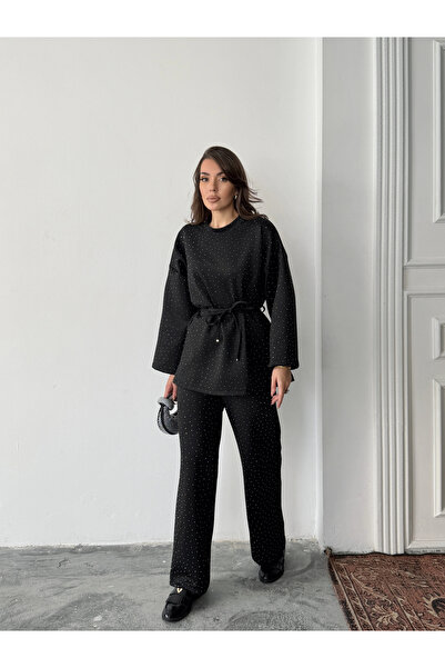 Lusin Women's Black Stone Embroidered Waist Tie Detailed Blouse Pants Bottom Top Two-Piece Set