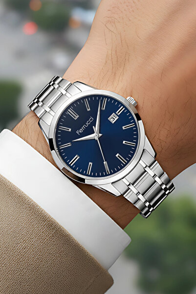 Ferrucci Takvimli Erkek Kol Saati Çelik Kasa & Çelik Kordon Gümüş-Mavi zmfer210