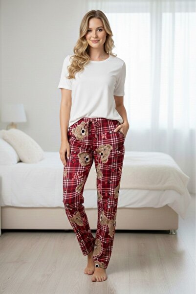 Beyyo بنطلون بيجامة نسائي من القطن الناعم ذو نمط دمية الدب مع خصر مطاطي V25046