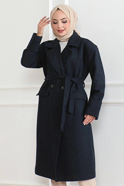 IVORA WEAR Women's Buttoned Lined Cashmere Coat - Navy