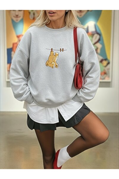 ArtYus Unisex Long Sleeve Bear Transfer Printed Plus Size Crew Neck Sweatshirt