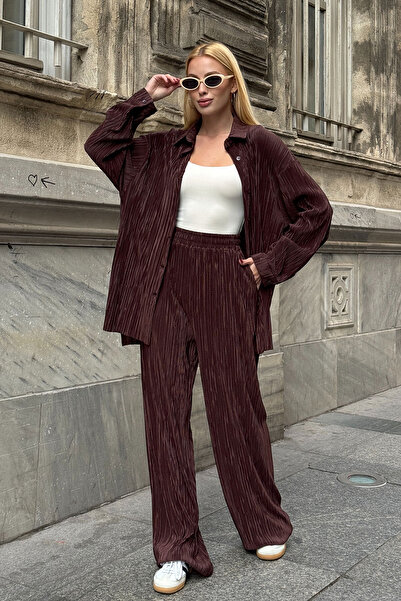 bacc Brown Shirt and Palazzo Pants Pleated Fabric Woven Bottom Top Set Bcvl-25V236