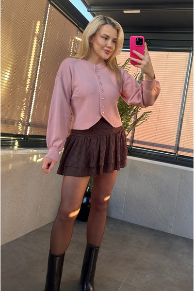 MİR STORE Pink Fit Cut Crop Cardigan