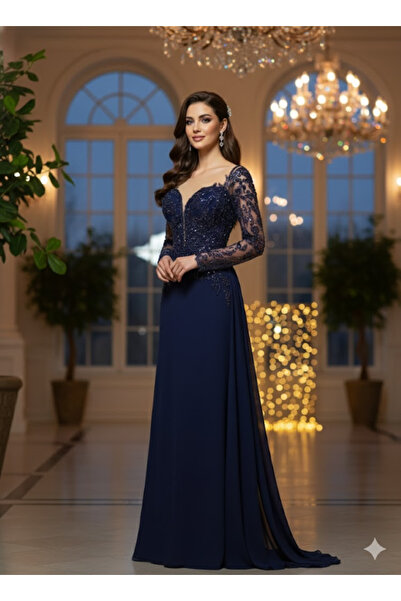 Niobe BÜYÜK BEDEN KADIN ABİYE İŞLEME VE BONCUK DETAYLI UZUN ŞIK ELBİSE