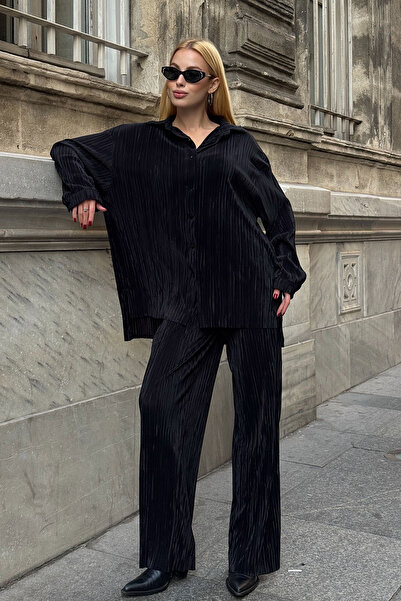 bacc Black Shirt and Palazzo Pants Pleated Fabric Woven Bottom Top Set Bcvl-25V236