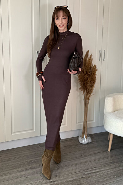 Dilay Gökoğlu Butik Mock Neck Midi Slit Brown Dress