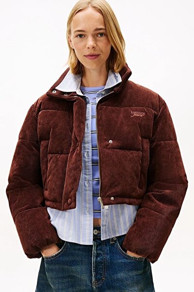 Tommy Hilfiger Kadın Relaxed Fit Fitilli Kadife Dokulu Şişme Mont - Kahverengi