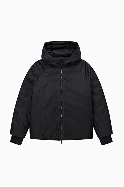 Armani Exchange Women's Full Fit Hooded Jacquard Patterned Puffer Coat - Black