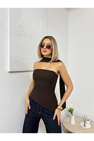 AYSHAN Brown Asymmetrical Cut Shawl Collar Detailed Special Occasion Strapless Top