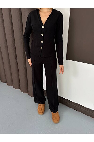 ALLEYTA Women's Buttoned V-Neck Cardigan piped Pants Set