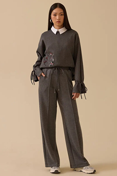 SEÇİL Kadın Bağcıklı Bol Paça Pantolon - Gri