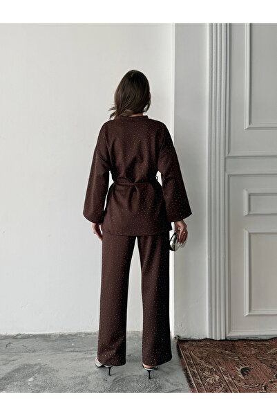 Lusin Women's Brown Stone Embroidered Waist Tie Detailed Blouse Pants Bottom Top Two-Piece Set