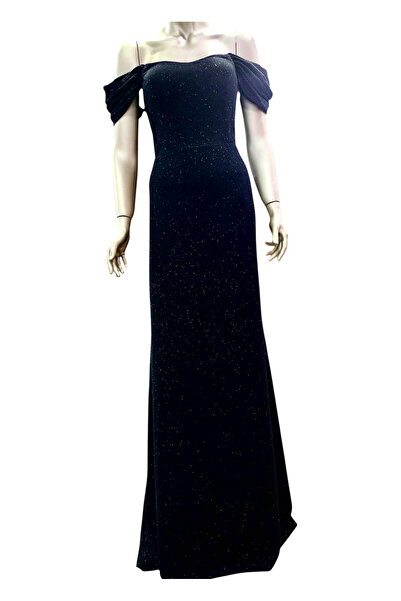 ENGIN Cahide Custom Made Black Lined Glitter Furoko Stretch Fabric Fabric Princess Sleeve A-Line Evening Dress