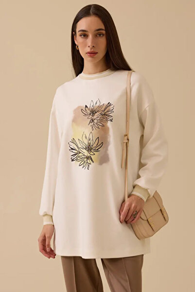 SEÇİL Kadın Baskılı Taş Detaylı Sweatshirt - Ekru
