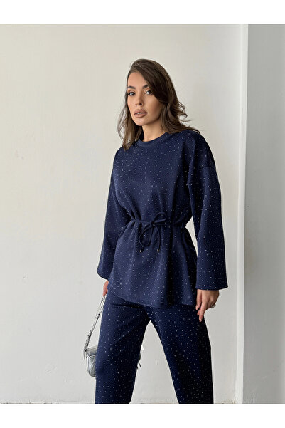 Lusin Women's Navy Blue Stone Embroidered Waist Tie Detailed Blouse Pants Bottom Top Two-Piece Set