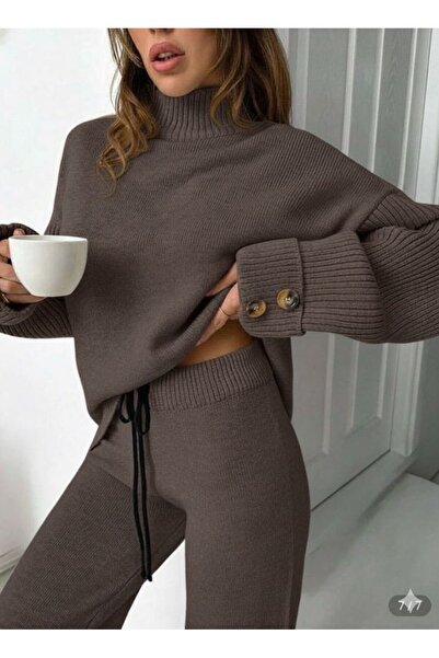 peri tower New Season Stand Collar Button Detail Oversize Sweater-Pants Knitwear Bottom Top Set 0034