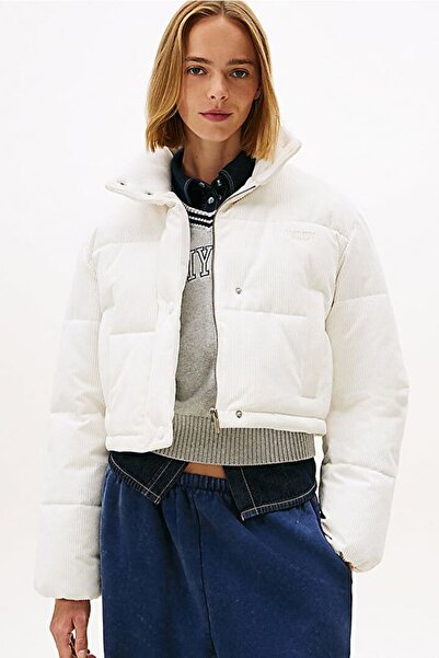 Tommy Hilfiger Kadın Relaxed Fit Fitilli Kadife Dokulu Su İtici Şişme Mont - Ekru