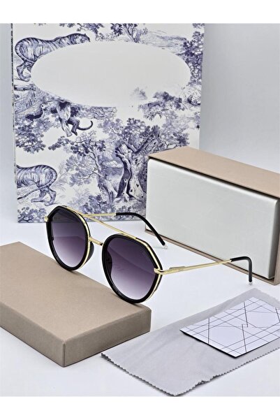 Generic Sunglasses with case, bag, card and cleaning cloth. Features a gold frame and gradient black lenses.
