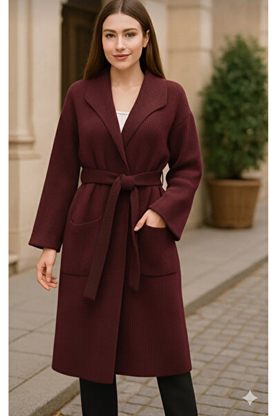 K-ODEA BUTİK Comfortable Fit Bordo Women's Knitwear Jacket with Tie