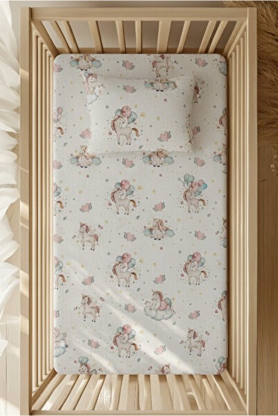 pistore 100% Cotton Ranforce Fitted Sheet Set - Pink Unicorn Pattern with Balloon Stars Park Bed 70X120