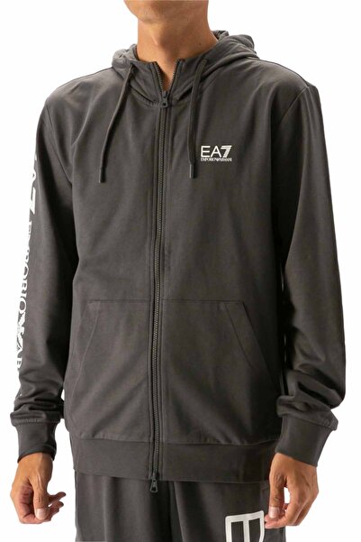 EA7 Erkek Kapüşonlu Tam Kalıp Logo Baskılı Fermuarlı Sweatshirt - Antrasit