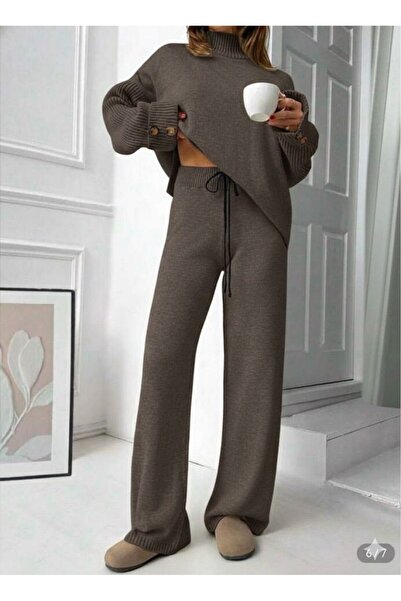 peri tower New Season Stand Collar Button Detail Oversize Sweater-Pants Knitwear Bottom Top Set 0034