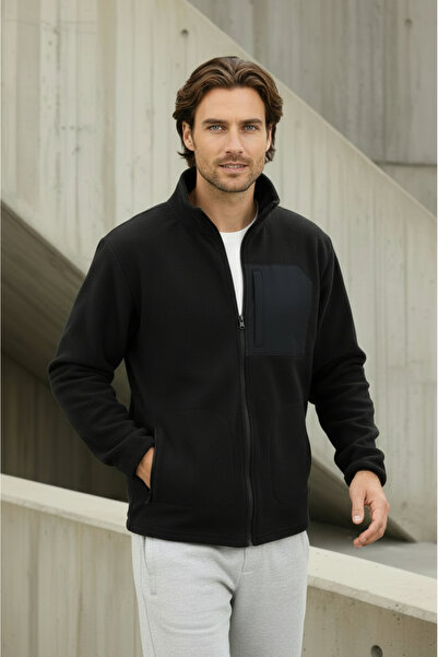 Sizce Moda Regular Fit Cold Proof Non-Pilling Mock Neck Black Fleece Jacket