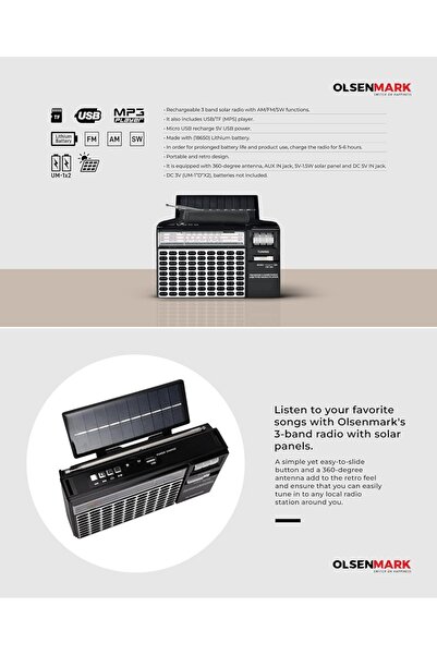 Olsenmark Tri-band solar-powered radio with rechargeable battery, USB, TF, MP3, and karaoke recorder OMR1276