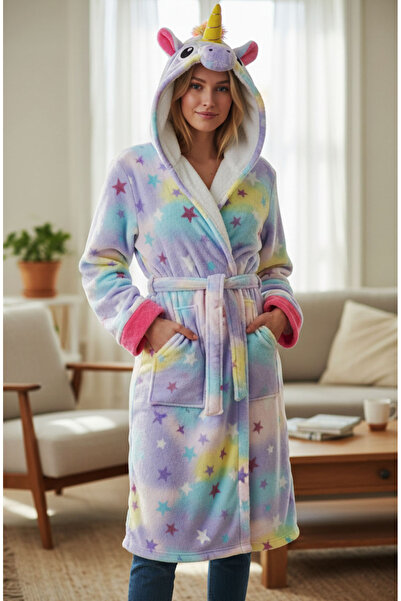 Star Fashion Women's Unicorn bathrobe, with hood and pockets, funny applicati...