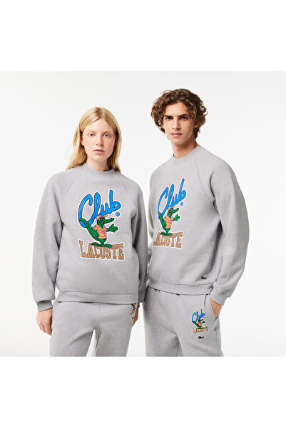 Lacoste Unisex Loose Fit Bisiklet Yaka Baskılı Gri Sweatshirt