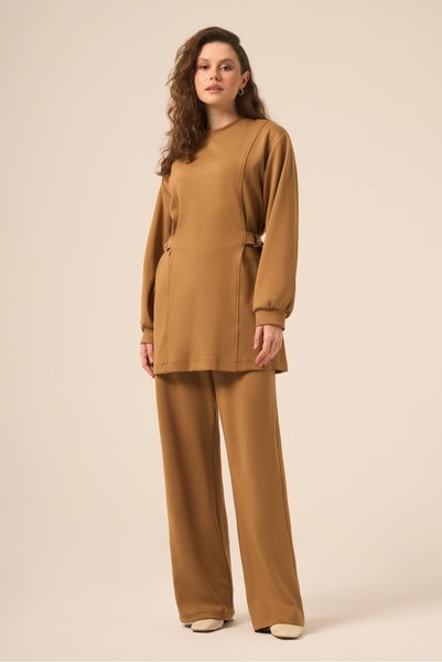 FTZ WOMEN Women's Comfortable Fit Suit with Side Buckle Detail Camel 31263