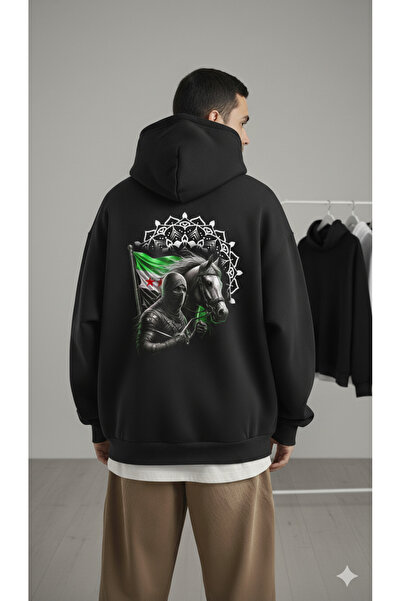 EFFRENATU سويت شيرت للجنسين علم سوريا مطبوع قصة فضفاضة بغطاء رأس هوديي