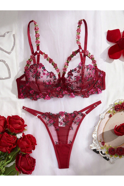 Ravelle Kadınlar için 2 Parça Seksi İç Çamaşırı Seti – Kırmızı Çiçek İşlemeli...