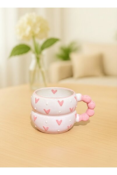 İZart Handcrafted Ceramic Mug with Beaded Handle, Pink Dotted Heart Inside, Special Embossed Detail