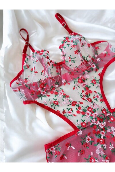 BUELLNA Bahar Esintili Çiçek Dantelli Kadın Body Lingerie - Bodysuit İç Çamaşırı