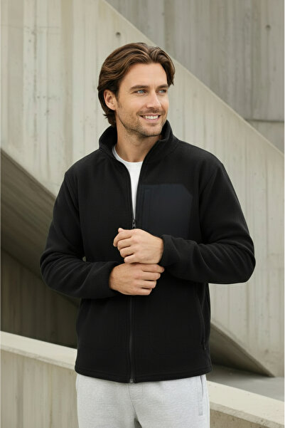 Sizce Moda Regular Fit Cold Proof Non-Pilling Mock Neck Black Fleece Jacket