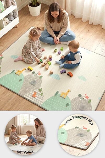 Wellgro Oyun Matı, 200x140x1 cm Çift Taraflı Rulo Oyun Halısı
