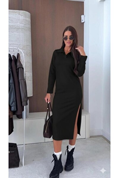 buğrahayalin Γυναικείο μακρυμάνικο φόρεμα με λαιμόκοψη άνοιγμα Midi Modal