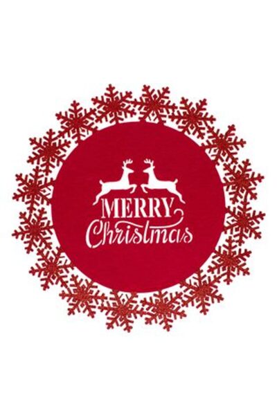 Tessari set 4 x Red Felt Plate Mat "Merry Christmas" Deer & Snowflakes Glitter 35 cm