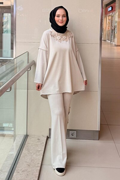 Ghisa Embossed Floral Patterned Drawstring Collar Tunic Pants Set