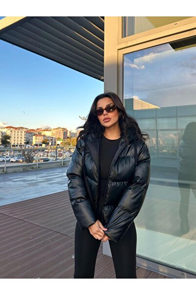 buqre's moda Hooded Crop Short Puffer Leather Coat